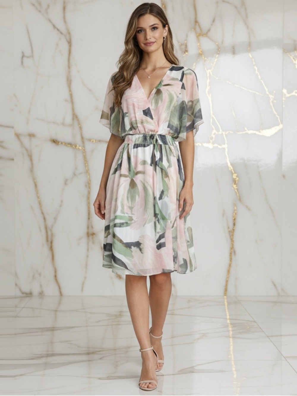 White House Black Market Pastel Watercolor Smocked Flutter Dress Elastic Waist
